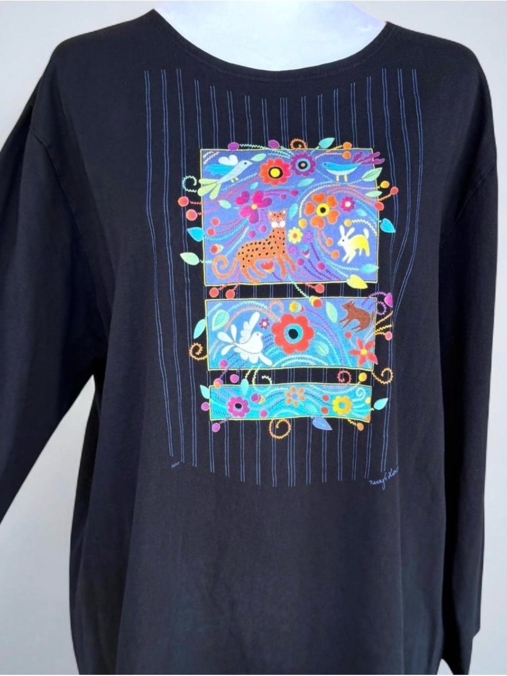 Sabaku Artwear Animal Print Long Sleeve Cotton Tee • XL • Folk Art • Made in USA